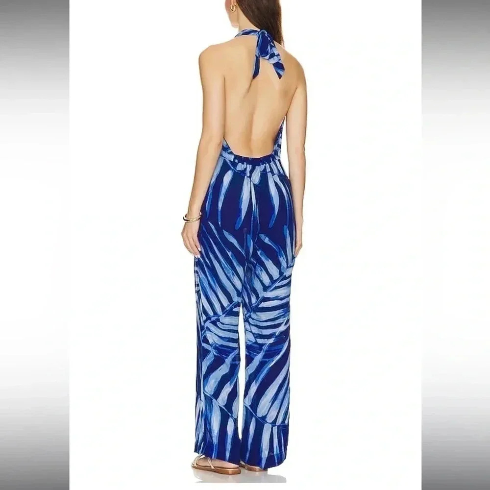 Bella Dahl Blue Palm Open Back Halter Jumpsuit Size Medium Brand New - Picture 2 of 13